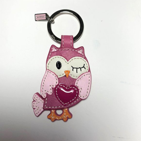 Coach Winking Love Owl Pink Leather Key Ring Key Chain KeyFob Bag Charm 93095 - Picture 2 of 3